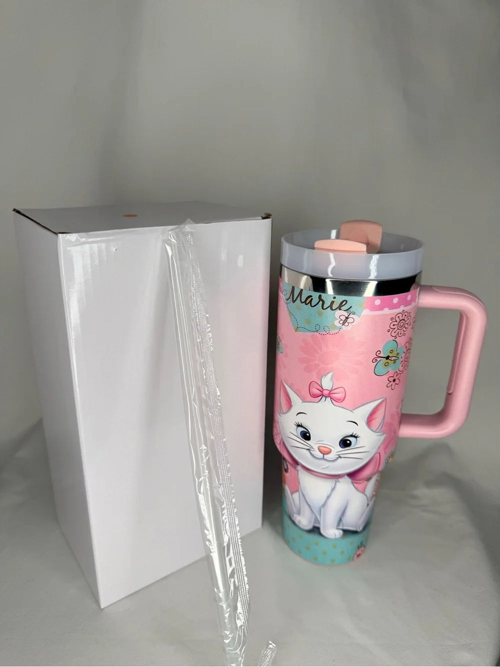 Marie the Cat Pink Stainless Steel Travel Tumbler Mug with Handle & Straw